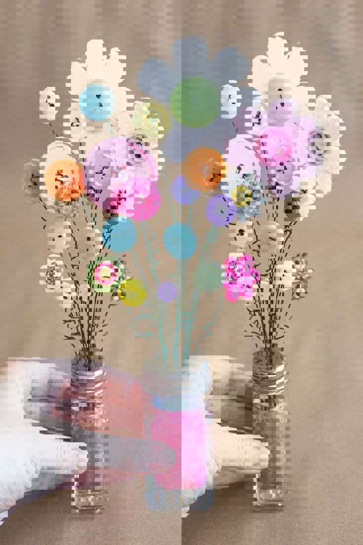 Main image: a button flower bouquet, using a salt shaker as a vase, and buttons and felt in different colours and sizes - an easy DIY gift for someone special.