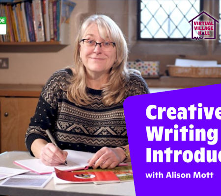 Text reads, "Creative writing 1: Introduction with Alison Mott" Over a photo of Alison sat smiling, writing a book.