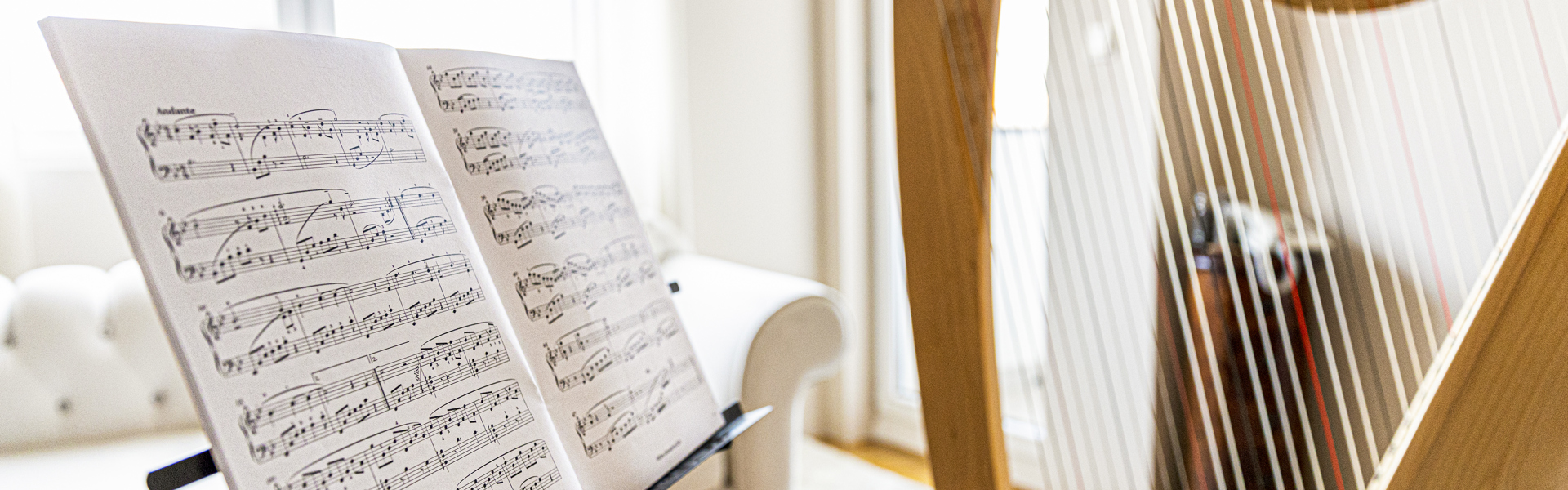 Main Image: an open book of sheet music on a stand, with a harp next to it.
