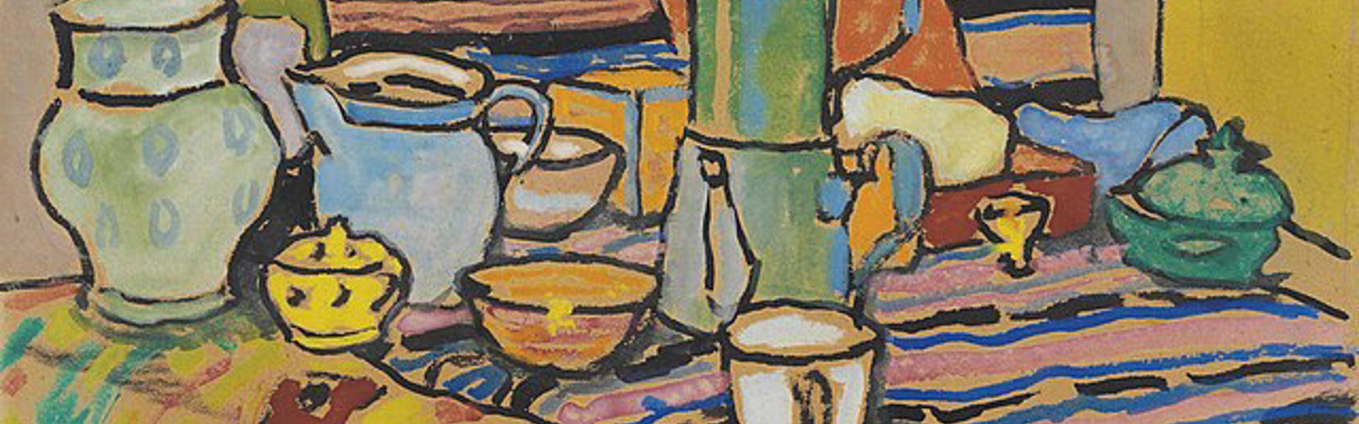 Main image: A painting titled Stilleben mit Krügen (Still Life with Jugs), created around 1908 by the German Expressionist artist Max Pechstein.