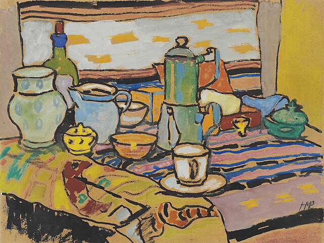 Main image: A painting titled Stilleben mit Krügen (Still Life with Jugs), created around 1908 by the German Expressionist artist Max Pechstein.