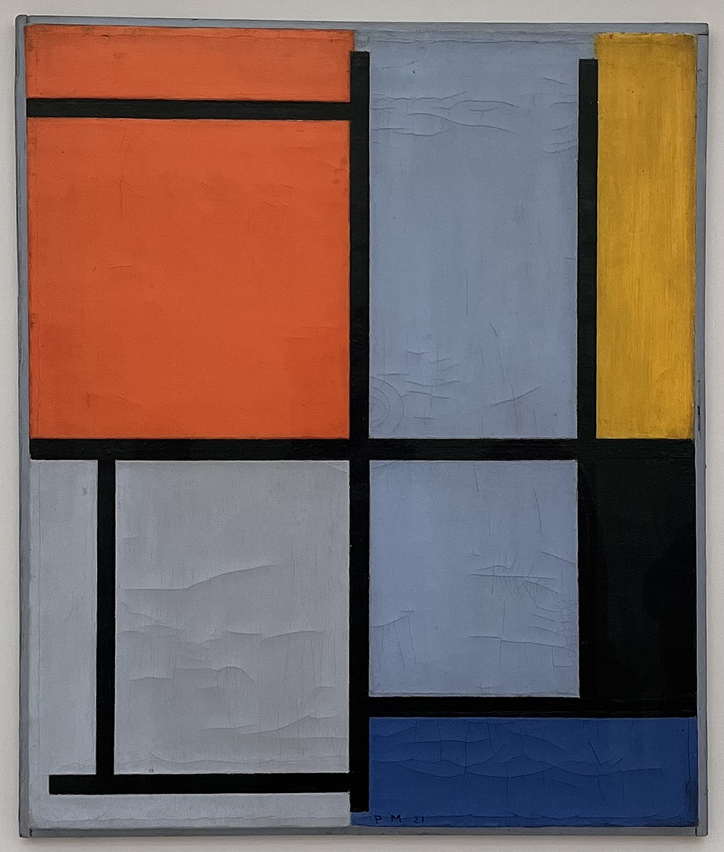 Main image: 'Composition', painted by Piet Mondrian in 1921. A variety of blue red and yellow rectangles, with bold black lines.