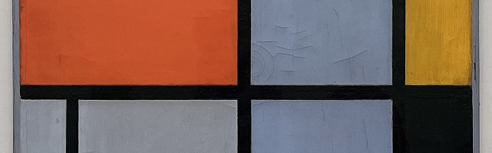 Main image: 'Composition', painted by Piet Mondrian in 1921. A variety of blue red and yellow rectangles, with bold black lines.