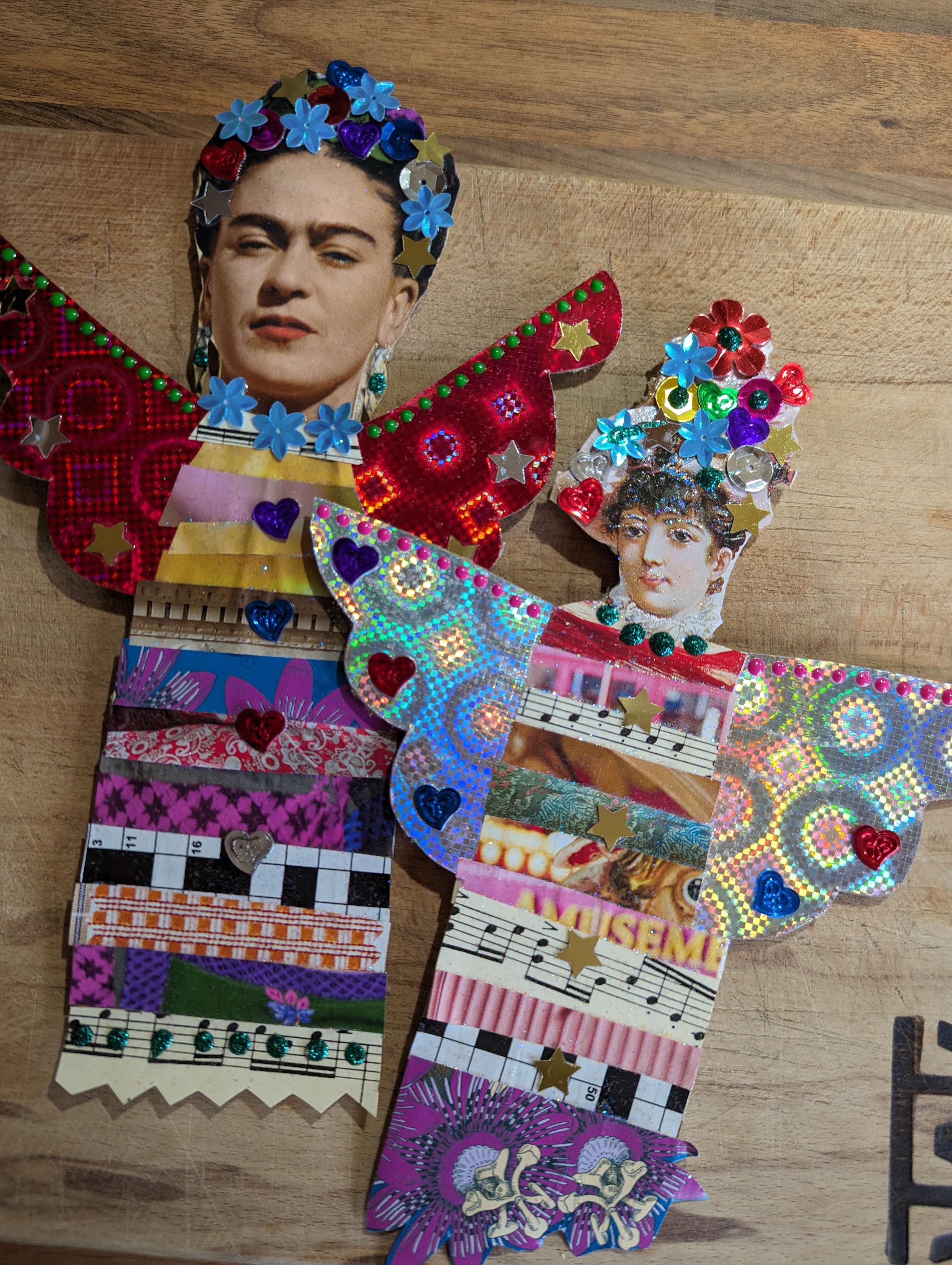 a Frida Kahlo themed collage cardboard Christmas angel decoration