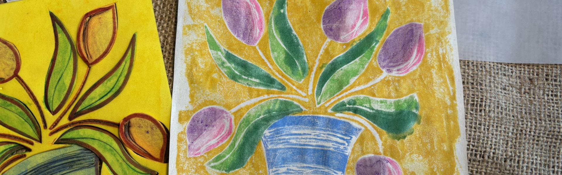 Main image: a DIY relief print of flowers in a vase, in yellow, pink, blue and green.