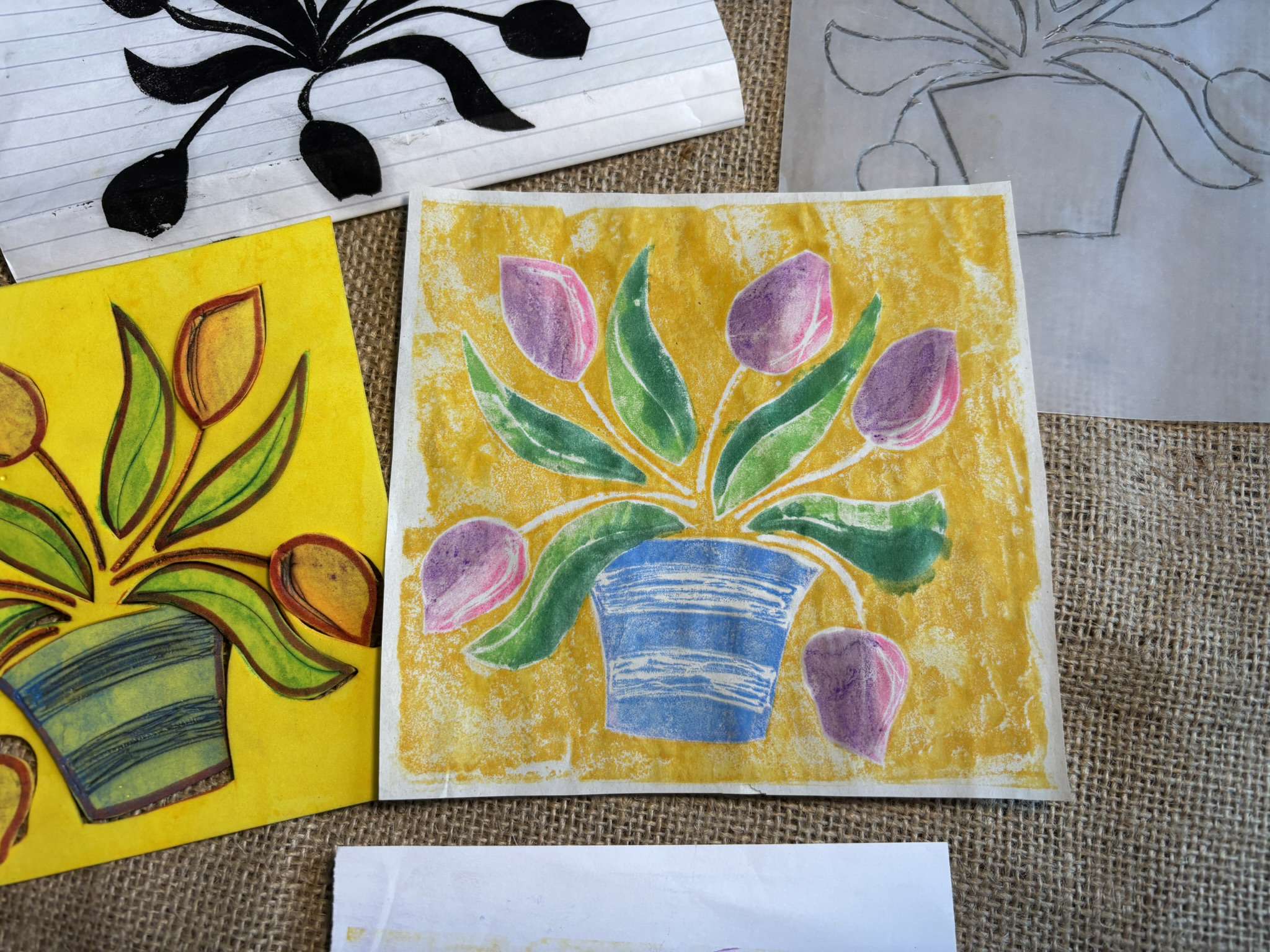 Main image: a DIY relief print of flowers in a vase, in yellow, pink, blue and green.
