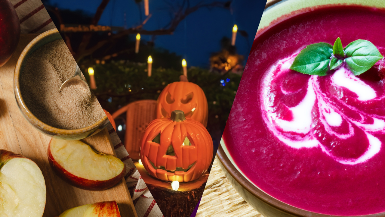 Main image: three images of Halloween party food, pumpkin apple try bake ingredients, pumpkins with candles around and beetroot and horseradish soup.
