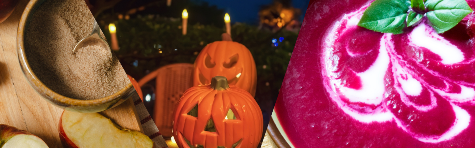 Main image: three images of Halloween party food, pumpkin apple try bake ingredients, pumpkins with candles around and beetroot and horseradish soup.