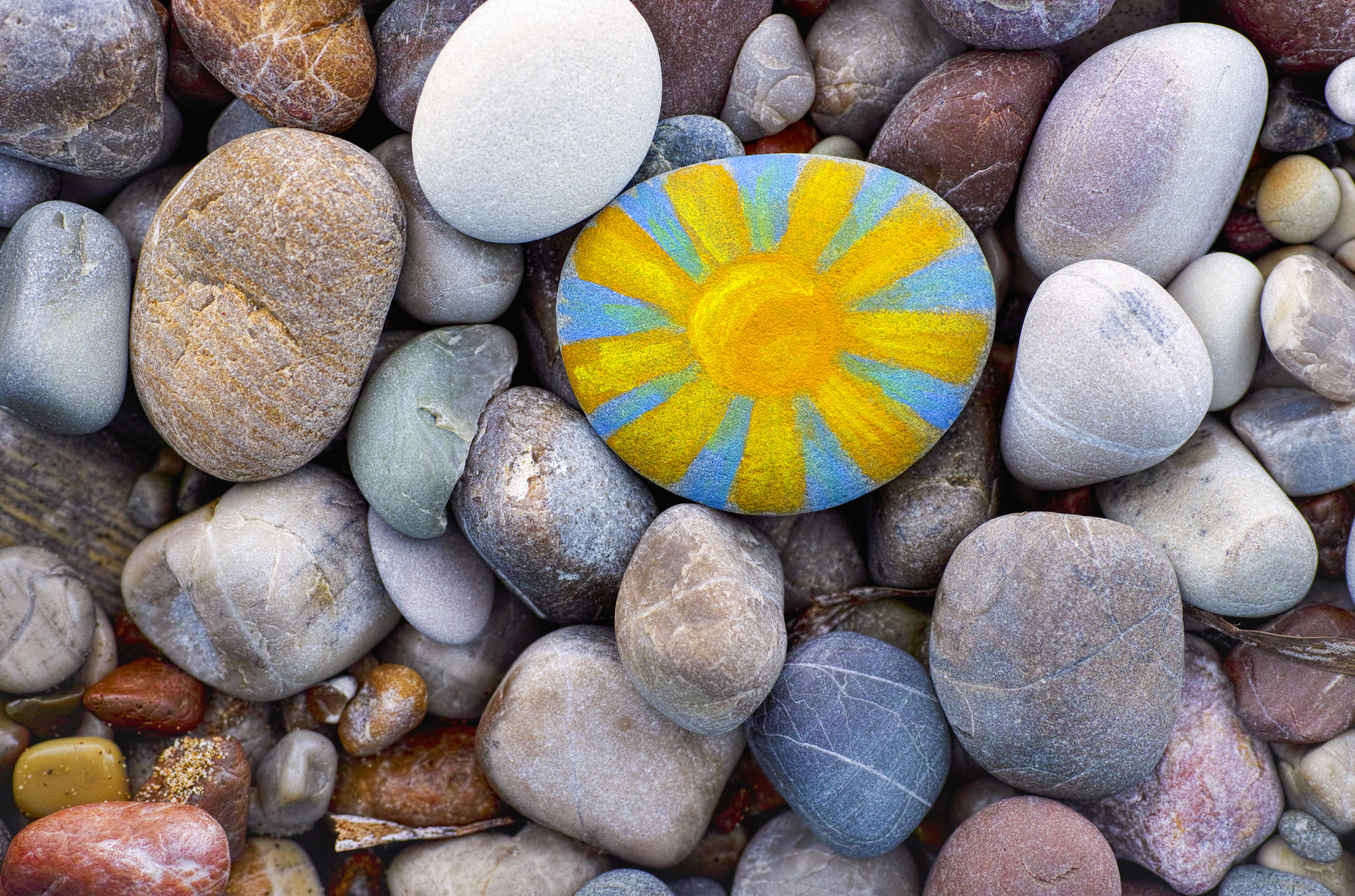 a close up of beach pebbles with one painted blue and yellow in the pattern of a sun