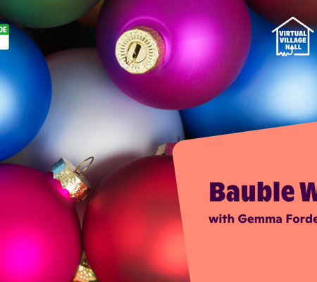 Text reads, "Bauble Wreath with Gemma Forde" over a close up image of multicoloured baubles.