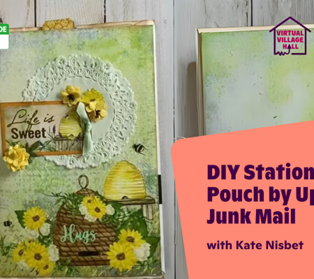 Text reads, "DIY Stationery Pouch By Upcycling Junk Mail with Kate Nisbet" over the main image at the top of this page.