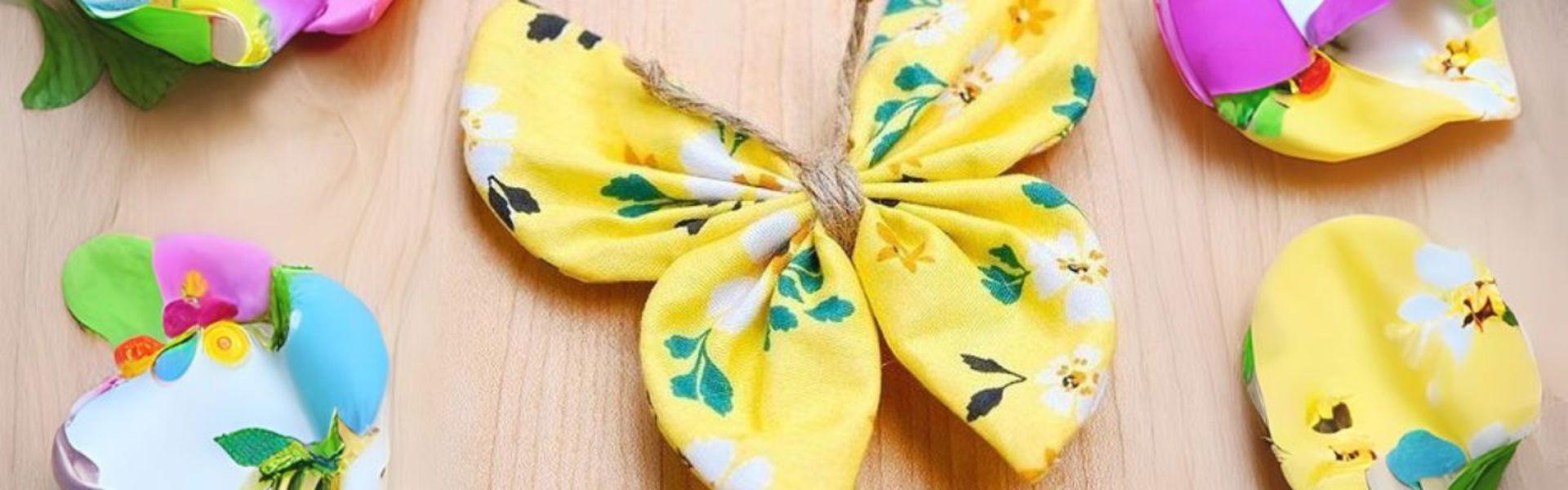 Main Image: easy DIY butterfly, in yellow floral fabric with brown string.