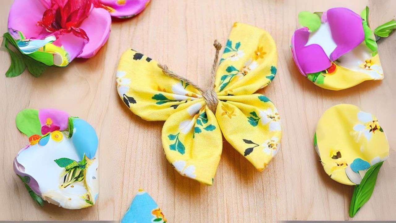 Main Image: easy DIY butterfly, in yellow floral fabric with brown string.