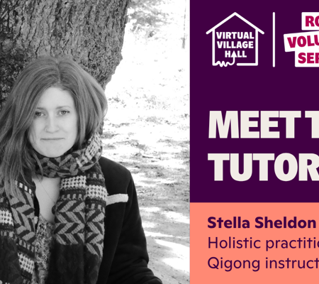 Text reads, "Meet the tutor, Stella Sheldon, Holistic practitioner and Qigong instructor" with a black and white photo of Stella smiling.