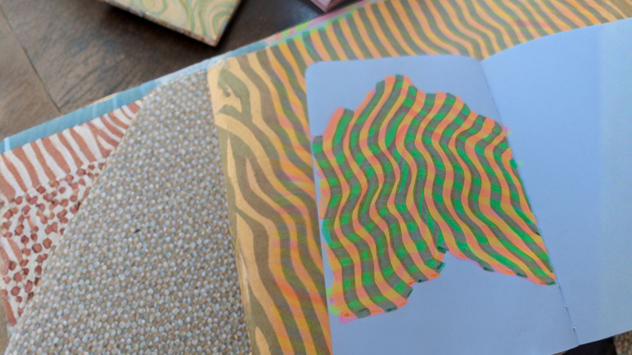 Main image: a selection of highlighter doodle art drawings, in simple, layered and abstract designs of different colours.