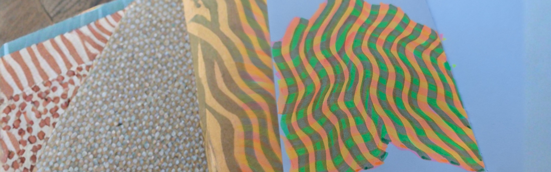 Main image: a selection of highlighter doodle art drawings, in simple, layered and abstract designs of different colours.