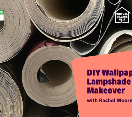 Text reads, "DIY Wallpaper Lampshade Makeover with Rachel Moore" over the main image at the top of this page.