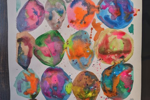 Colourful Abstract Watercolour and Ink Wall Art by Rosie Johnson, different coloured circles and paint splatters.