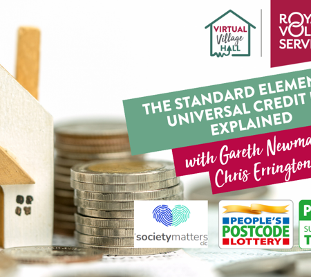 Text Reads, "The Standard Element of Universal Credit UK Explains with Gareth Newman & Chris Errington" on a background image of a little white and brown/yellow wooden house sculpture, sitting next to stacks of coins