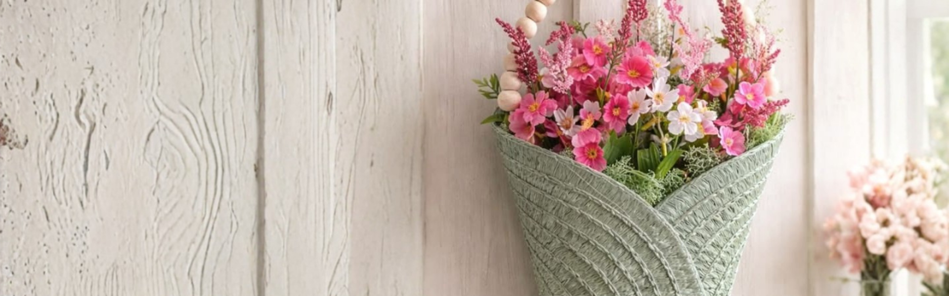 Main image, a DIY wall hanging flower basket, made from a round table placemat! The basket is pale green, with an assortment of pink flowers on a white wooden background.