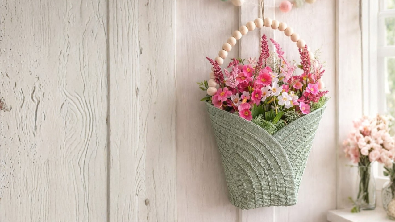 Main image, a DIY wall hanging flower basket, made from a round table placemat! The basket is pale green, with an assortment of pink flowers on a white wooden background.