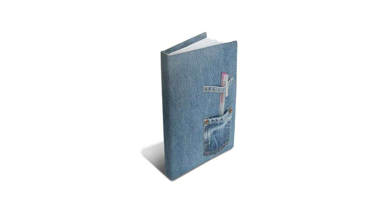Main Image: A fabric notebook cover, in denim! Using a small jean pocket and belt loop as a pen holder on the front cover.