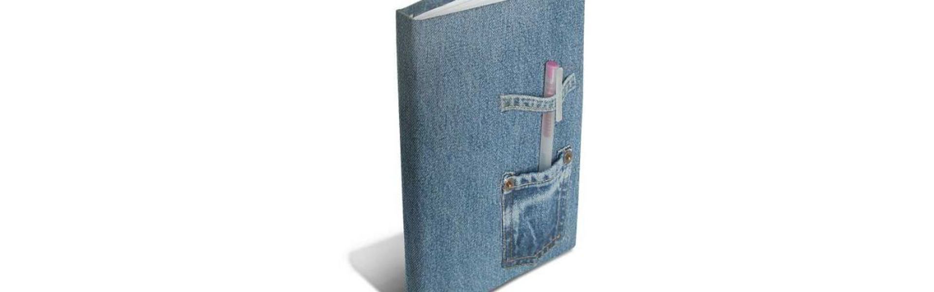 Main Image: A fabric notebook cover, in denim! Using a small jean pocket and belt loop as a pen holder on the front cover.