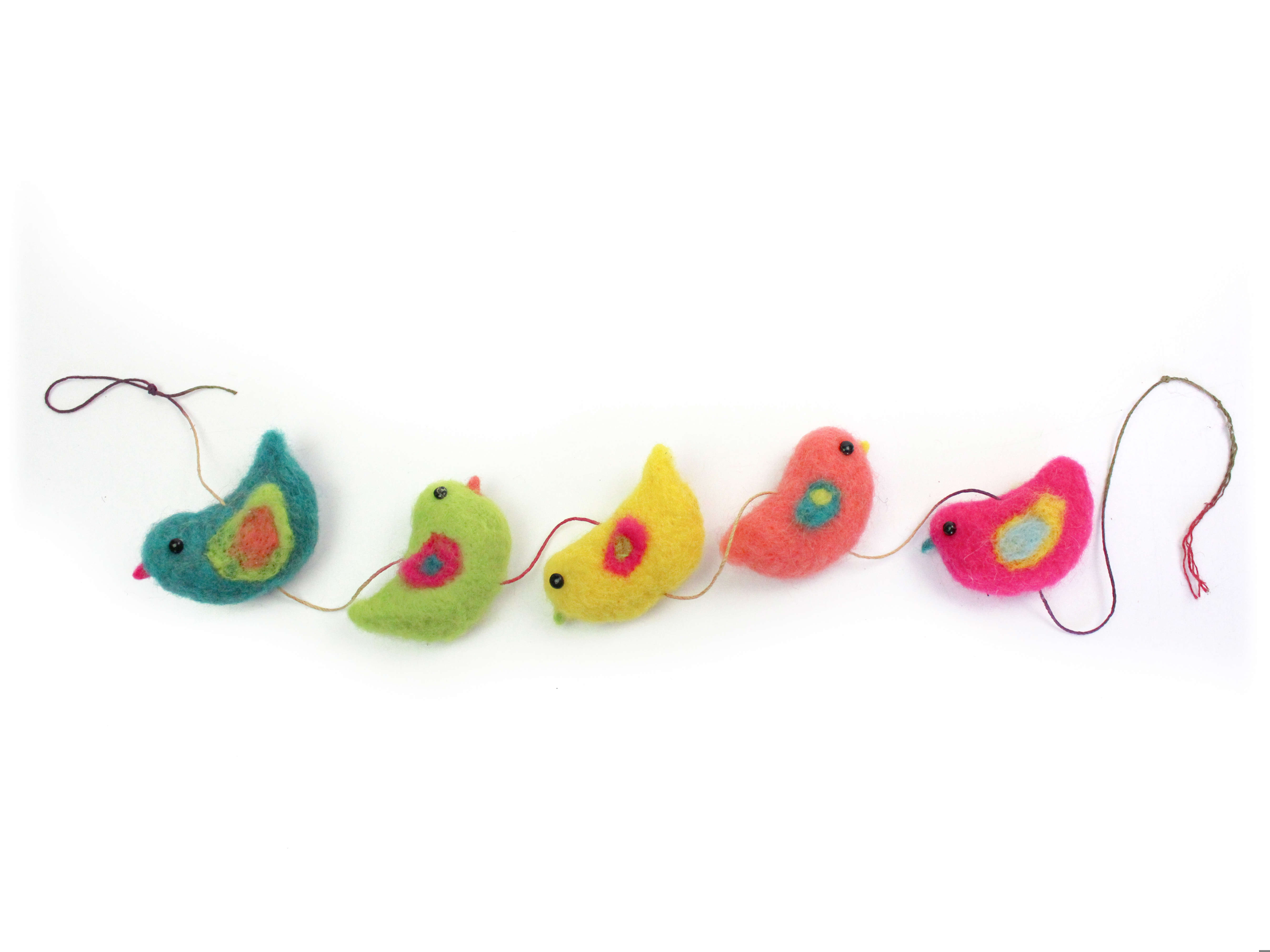 a string of needle felted multicoloured birds laid on a white background