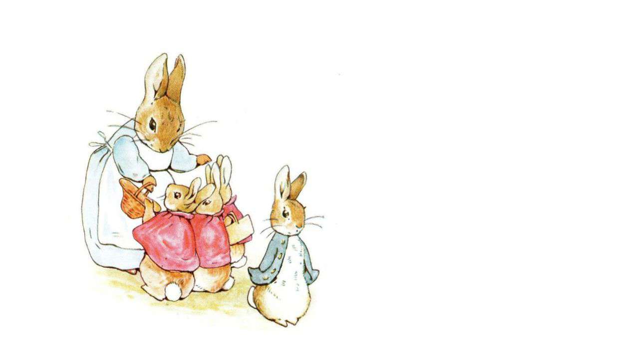 Main image: a Beatrix Potter illustration of a mother rabbit handing picnic baskets to her young rabbit children.