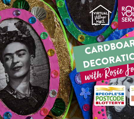 colourful embellished collage carboard decorations featuring pictures of Frida Kahlo, Dolly Parton and Catherine O'Hara