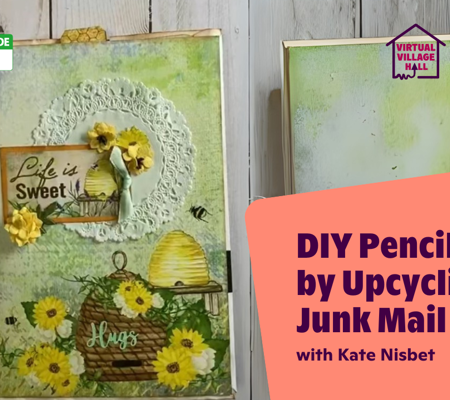 Text reads, "DIY Pencil Case By Upcycling Junk Mail with Kate Nisbet" over the main image at the top of this page.