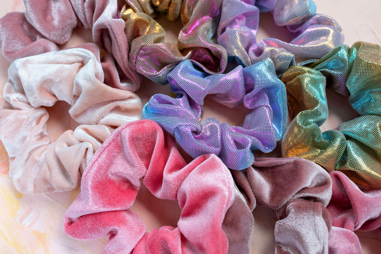 multicoloured metallic and glitter hair scrunchies