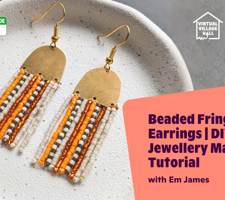 Text reads, "Beaded Fringe Earrings - DIY Jewellery Making Tutorial with Em James" over the main image at the top of this page. 