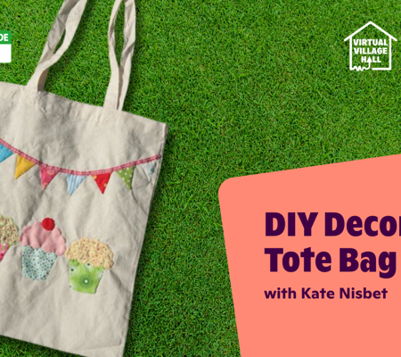 Text reads, "DIY Decorated Tote Bag with Kate Nisbet" over the main image at the top of this page