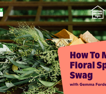 Text reads, "How To Make A Floral Spring Swag With Gemma Forde" over an image of a floral swag wrapped in brown paper ribbon.