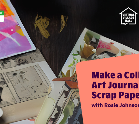 Text reads, "Make a collage art journal with scrap paper with Rosie Johnson" over the main image at the top of this page.
