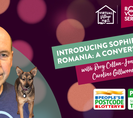 Text reads, "Introducing Sophie from Romania: A conversation with Rory Cellan-Jones and Caroline Gillwood" over a background image of purple and orange orbs. With a photo of Rory and Sophie his rescue dog.
