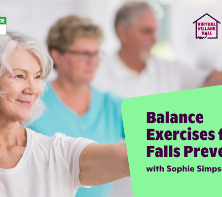 Text reads, "Balance Exercises For Falls Prevention with Sophie Simpson" over the main image at the top of this page. 
