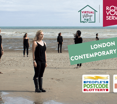 the London Contemporary Voices choir stood spaced out on a beach wearing black clothes