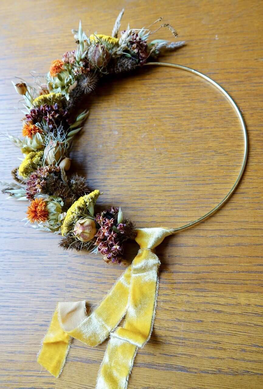 a handmade dried flower wreath made by Vicky Crawford