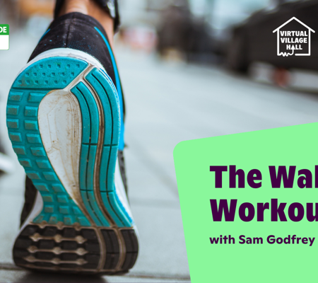 Text reads, " The Walking Workout with Sam Godfrey" over the main image at the top of this page.