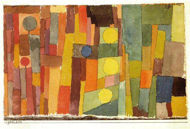 Painting by Swiss-German Artist Paul Klee. A combination of square and circular shapes, in reds, oranges, yellows, browns, greens and blues.