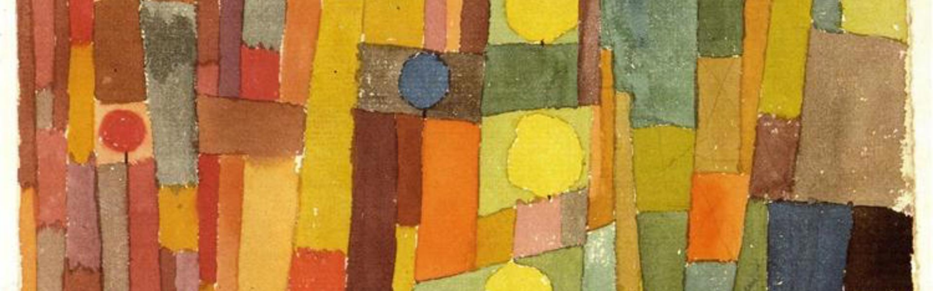 Painting by Swiss-German Artist Paul Klee. A combination of square and circular shapes, in reds, oranges, yellows, browns, greens and blues.
