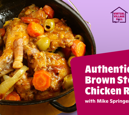 Text reads, "Authentic Bajan Brown Stew Chicken Recipe with Mike Springer." Over a background, close-up image of Bajan brown stew chicken.