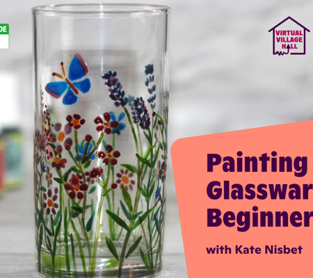 Text reads, "Painting On Glassware For Beginners with Kate Nisbet" over the main image at the top of this page.