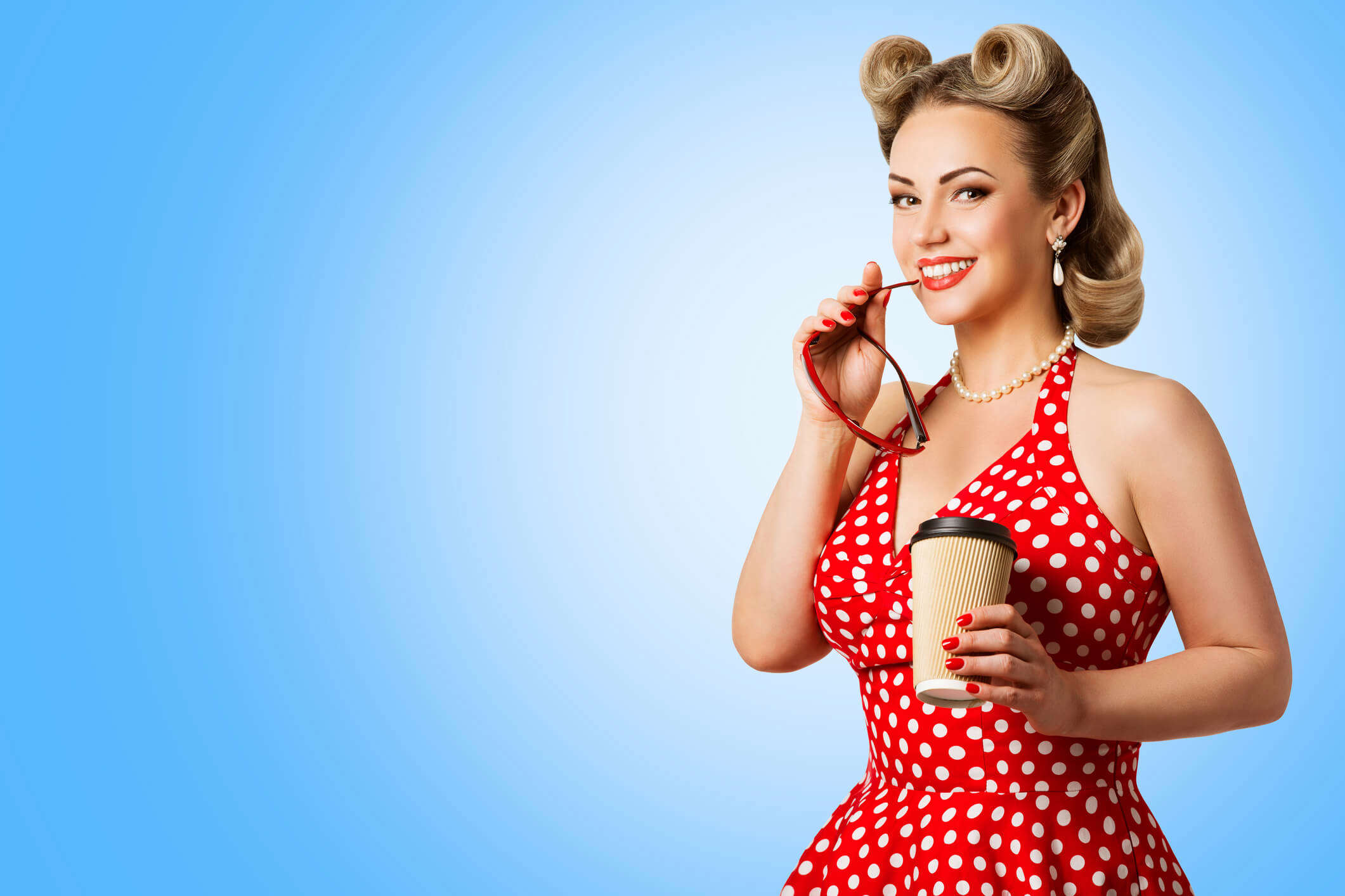 Main image: a blonde pin-up lady in a red and white polka dot dress with her hair in 1940s victory rolls hairstyle
