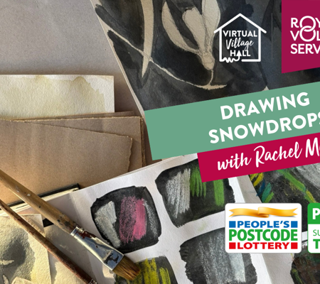 Text reads, "Drawing snowdrops with Rachel Moore" over  a background of Rachel's snowdrop paintings and paintbrushes