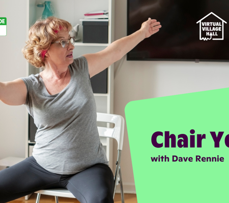 Text reads, "Chair Yoga with Dave Rennie" over the main image at the top of this page.