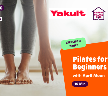 Text reads, "Pilates For Beginners with April Moon" over an image of a persons' legs, with their hands reaching to the floor.
