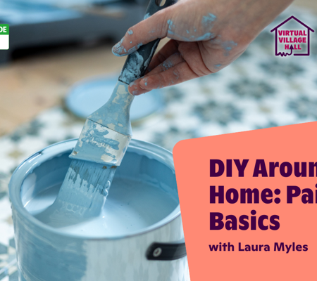 Text reads, "DIY Around The Home Painting Basics With Laura Myles" over an image of a paintbrush being dipped into light blue paint.